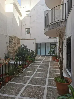 a courtyard with potted plants and a building at Apartamento Edificio Carruaje in Jerez de la Frontera
