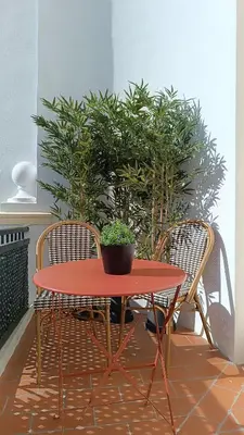 a red table and chairs with a potted plant at Sherryflat Terraza San Francisco in Jerez de la Frontera