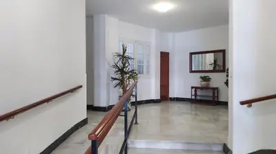 a hallway with white walls and a staircase with a plant at Sherryflat Terraza San Francisco in Jerez de la Frontera
