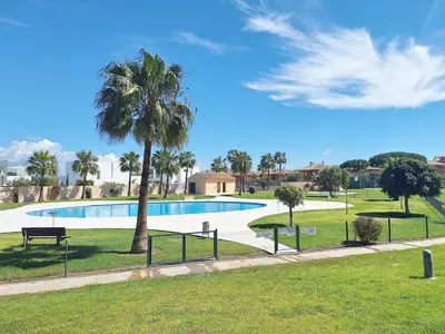 a swimming pool with a palm tree in a park at Elegante y lujoso en Sancti Petri in Novo Sancti Petri