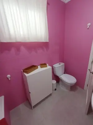 a pink bathroom with a toilet and a sink at Apartamento B&A in El Cuervo