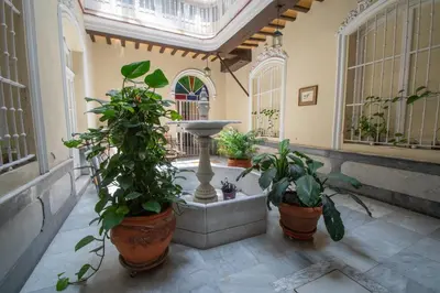 a courtyard with potted plants and a fountain in a building at La Casa de los Girasoles in Cádiz