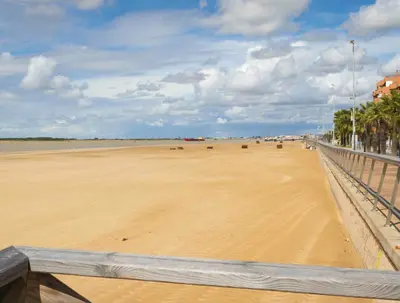 a sandy beach with palm trees and a cloudy sky at Apartamento Acogedor Centro Playa 2habtn,AA-WIFI-PARKING GRATIS CALLE in Sanlúcar de Barrameda
