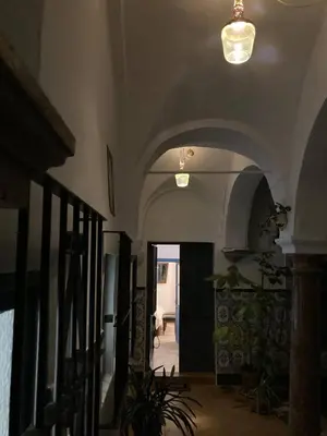 a hallway with an arched ceiling and a staircase at Charming 1900 Andalusian Apartment in Arcos de la Frontera in Arcos de la Frontera