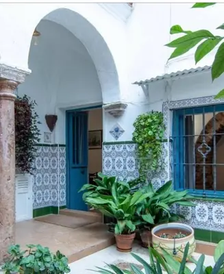a house with a blue door and plants at Charming 1900 Andalusian Apartment in Arcos de la Frontera in Arcos de la Frontera