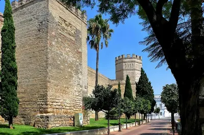 a large castle with a palm tree next to a street at Velo de Flor Jerez Apartment in Jerez de la Frontera