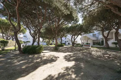 a park with trees and a bench in the shade at Estribor in Poblado de Sancti Petri