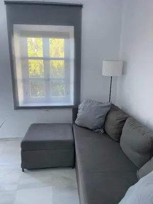 a living room with a couch and a window at Apartamento Canalejas in Cádiz