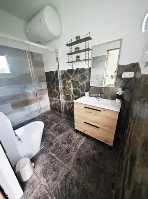 a bathroom with a toilet and a sink and a shower at Villa Rural Nuestro Rincón in Sanlúcar de Barrameda