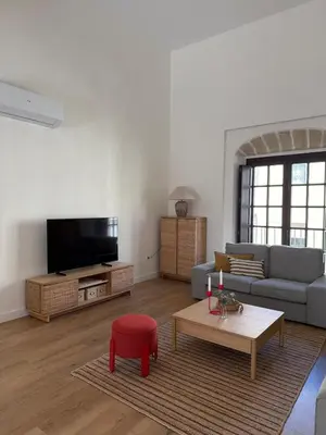 a living room with a couch and a table at ESPECTACULAR PISO EN PALACIO Preferiblemente familias y mayores de treinta años in El Puerto de Santa María