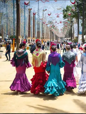 a group of women in colorful dresses walking down a street at Apartamento Prieta in Jerez de la Frontera