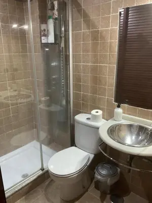 a bathroom with a toilet and a shower and a sink at Casa Marejada in Puerto Real