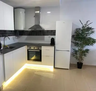 a kitchen with white cabinets and a refrigerator and a plant at Refugio del Atlántico in El Puerto de Santa María