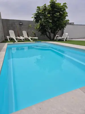 a blue swimming pool with chairs and a tree at Casitalola in Conil de la Frontera