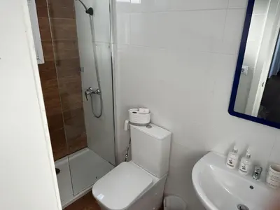 a bathroom with a shower and a toilet and a sink at Apartamentos Bajo Guía in Sanlúcar de Barrameda