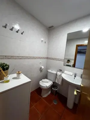 a bathroom with a toilet and a sink and a mirror at Apartamento Riviera in Novo Sancti Petri