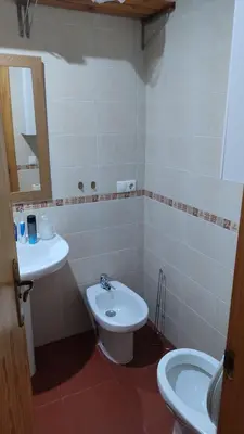 a bathroom with a sink and a toilet and a mirror at El Falla in Cádiz