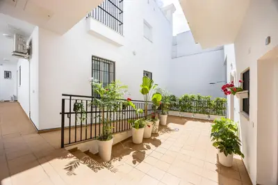 a courtyard with potted plants in a building at Brisa Jerez Suites in Jerez de la Frontera