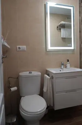 a bathroom with a toilet and a sink and a mirror at Brisa Marina in Sanlúcar de Barrameda