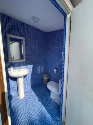 a blue tiled bathroom with a sink and a toilet at Villa Clara Chiclana in Chiclana de la Frontera
