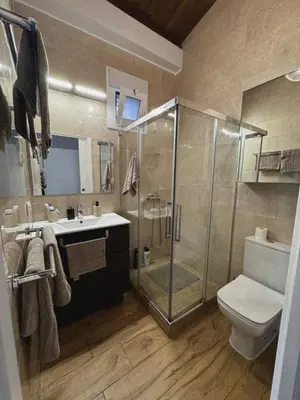 a bathroom with a shower and a toilet and a sink at La Casita de las Piletas in Sanlúcar de Barrameda