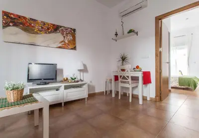 a white living room with a tv and a table at San Juan Apartamento in Jerez de la Frontera