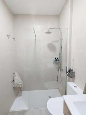 a white bathroom with a shower and a toilet at Apartamento Victoria in San Fernando
