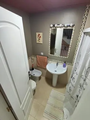 a bathroom with a sink and a toilet and a mirror at 4 dormitorios Valdelagrana in El Puerto de Santa María
