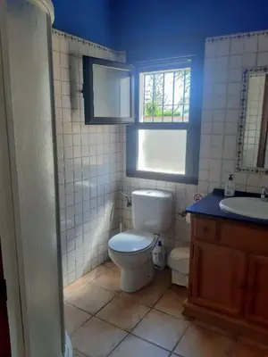 a bathroom with a toilet and a sink and a window at Casa Juan José in Conil de la Frontera