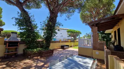 a patio with a tree and a building at La Barrosa - Chalet La Morenita in Chiclana de la Frontera