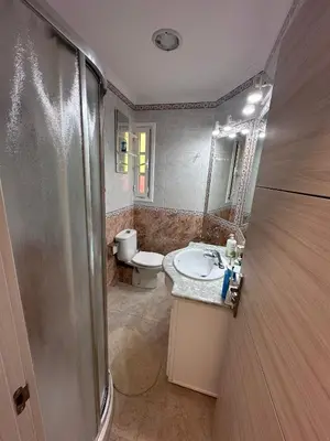 a bathroom with a toilet and a sink and a mirror at Chipiona playa in Chipiona