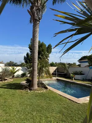 a palm tree in a yard with a swimming pool at Casa Tropical in Chiclana de la Frontera