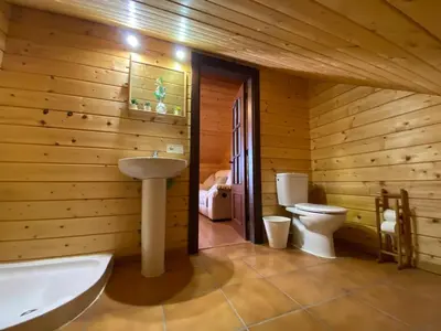 a wooden bathroom with a sink and a toilet at Chalet Albariza in Sanlúcar de Barrameda