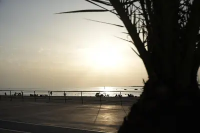 a view of the beach at sunset at Apartamentos Sayonara Beach 1 in Sanlúcar de Barrameda