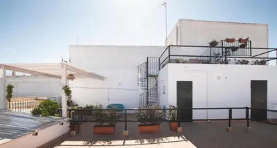 a balcony with potted plants on a white building at Apartamento Las 3 Terrazas in Cádiz