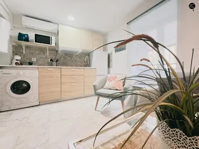 a kitchen with a washing machine and a chair and a plant at Viña Coqueta Grupo AC Gestion in Cádiz
