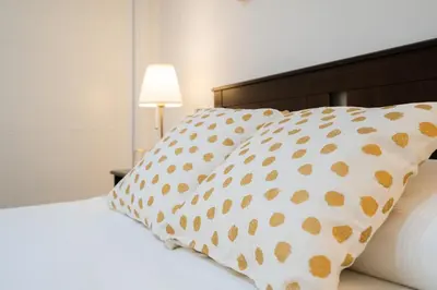 a bed with a white pillow with brown spots at CDZ - Cristóbal Colón in Cádiz