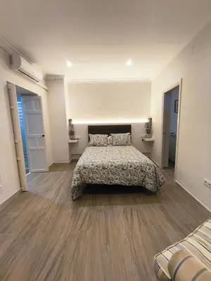 a bedroom with a bed in the middle of a room at Casa San Juan 55 - Centro Sanlúcar in Sanlúcar de Barrameda