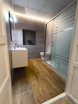 a bathroom with a toilet and a sink and a shower at Casa San Juan 55 - Centro Sanlúcar in Sanlúcar de Barrameda