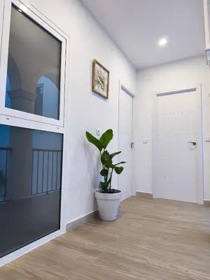 a living room with a large tv and a potted plant at Casa San Juan 55 - Centro Sanlúcar in Sanlúcar de Barrameda