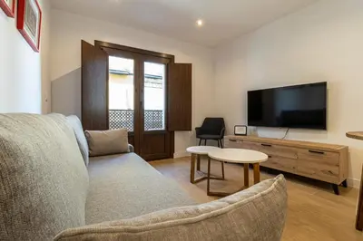 a living room with a couch and a tv and a table at Allo Apartments Medina II Centro 1 Habitación in Jerez de la Frontera