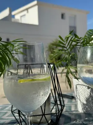 a glass of water with a lime in it at Apartamento Muñoz Fornell 3 in Chiclana de la Frontera