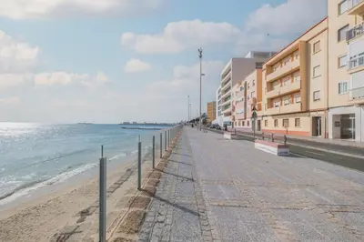 a street next to a beach with buildings and the ocean at Pez Austral in Cádiz