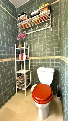 a bathroom with a toilet and a shelf with books at Villa Las Cármenes in Conil de la Frontera