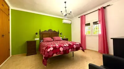 a bedroom with green walls and a bed with pink pillows at Villa Las Cármenes in Conil de la Frontera