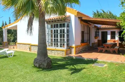a house with a palm tree in the yard at Villa La Alegría in Conil de la Frontera