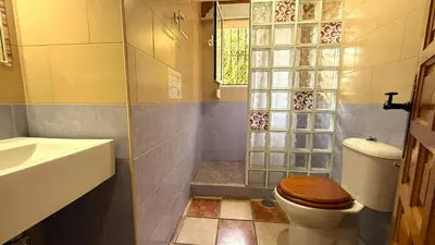 a bathroom with a toilet and a sink and a shower at Villa El Cortijo Andaluz in Cádiz