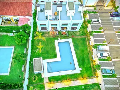 an aerial view of a house with a swimming pool at Jacuzzi & Pool House w Rooftop Terrace, Garden BBQ in El Puerto de Santa María