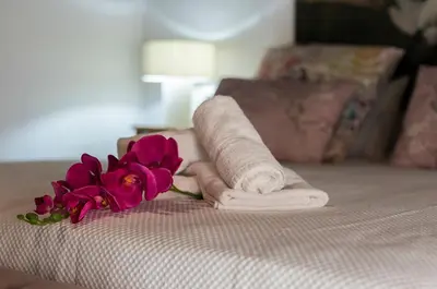 a rolled up towel and flowers on a bed at Duplex Los Corceles Casa Palacio in Jerez de la Frontera