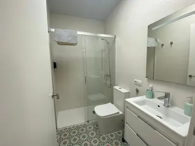 a bathroom with a shower and a toilet and a sink at Sol Sherry in Jerez de la Frontera